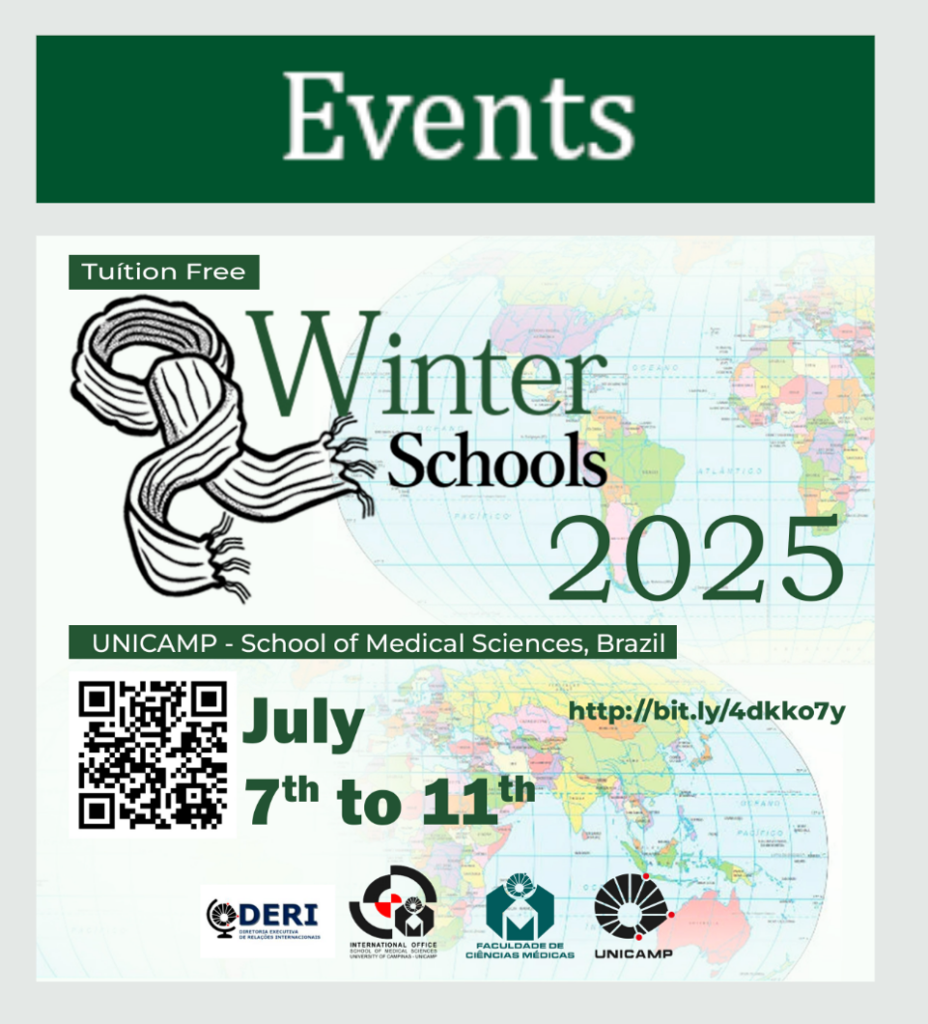 "Evento 'Winter Schools 2025' oferecido gratuitamente pela UNICAMP-School of Medical Sciences, Brasil, ocorrerá de 7 a 11 de julho. Destaque para a sigla 'DERI' no rodapé."