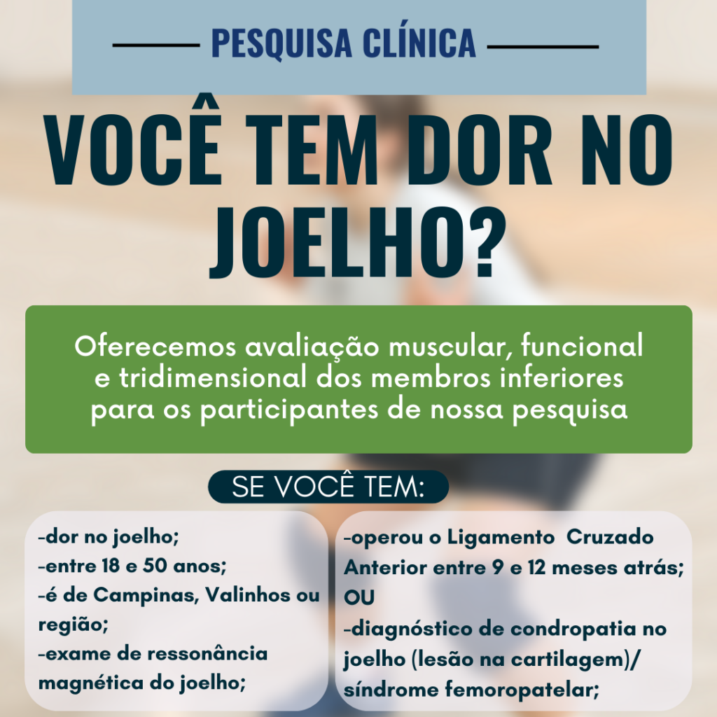 Cartaz de divulgação de uma pesquisa clínica com o título 'Você tem dor no joelho?'. Informa que é oferecida avaliação muscular, funcional e tridimensional dos membros inferiores aos participantes. Os critérios para participação incluem: ter dor no joelho, idade entre 18 e 50 anos, morar em Campinas, Valinhos ou região, e possuir exame de ressonância magnética do joelho. Também podem participar pessoas que operaram o Ligamento Cruzado Anterior entre 9 e 12 meses atrás, ou que tenham diagnóstico de condropatia no joelho (lesão na cartilagem) ou síndrome femoropatelar.