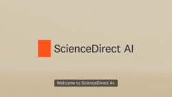 Logo do ScienceDirect AI com fundo bege claro. À esquerda, há um retângulo vermelho sólido e, à direita, o texto 'ScienceDirect AI' em letras pretas. Na parte inferior, aparece uma legenda em um retângulo cinza escuro que diz: 'Welcome to ScienceDirect AI