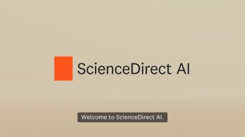 Logo do ScienceDirect AI com fundo bege claro. À esquerda, há um retângulo vermelho sólido e, à direita, o texto 'ScienceDirect AI' em letras pretas. Na parte inferior, aparece uma legenda em um retângulo cinza escuro que diz: 'Welcome to ScienceDirect AI