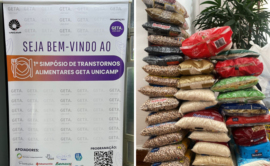 Ambulatório de Transtornos Alimentares da Unicamp celebra 20 anos com primeiro simpósio na área. Na foto, detalhe para o banner de boas-vindas ao evento e alimentos e arrecadados para doação.
