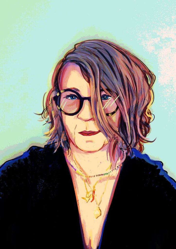 A professora do Departamento de Saúde Coletiva da FCM, Rosana Teresa Onocko-Campos, em caricatura pelo artista Lalo, 2023.