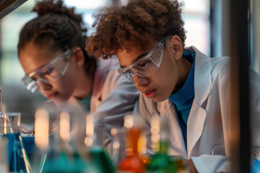 Dois jovens estudantes, usando jalecos brancos e óculos de proteção, estão concentrados em um experimento de laboratório. Eles observam atentamente frascos com líquidos coloridos dispostos à frente, em tons de azul, verde, laranja e amarelo. O ambiente é bem iluminado e transmite uma atmosfera de curiosidade científica e aprendizado prático.