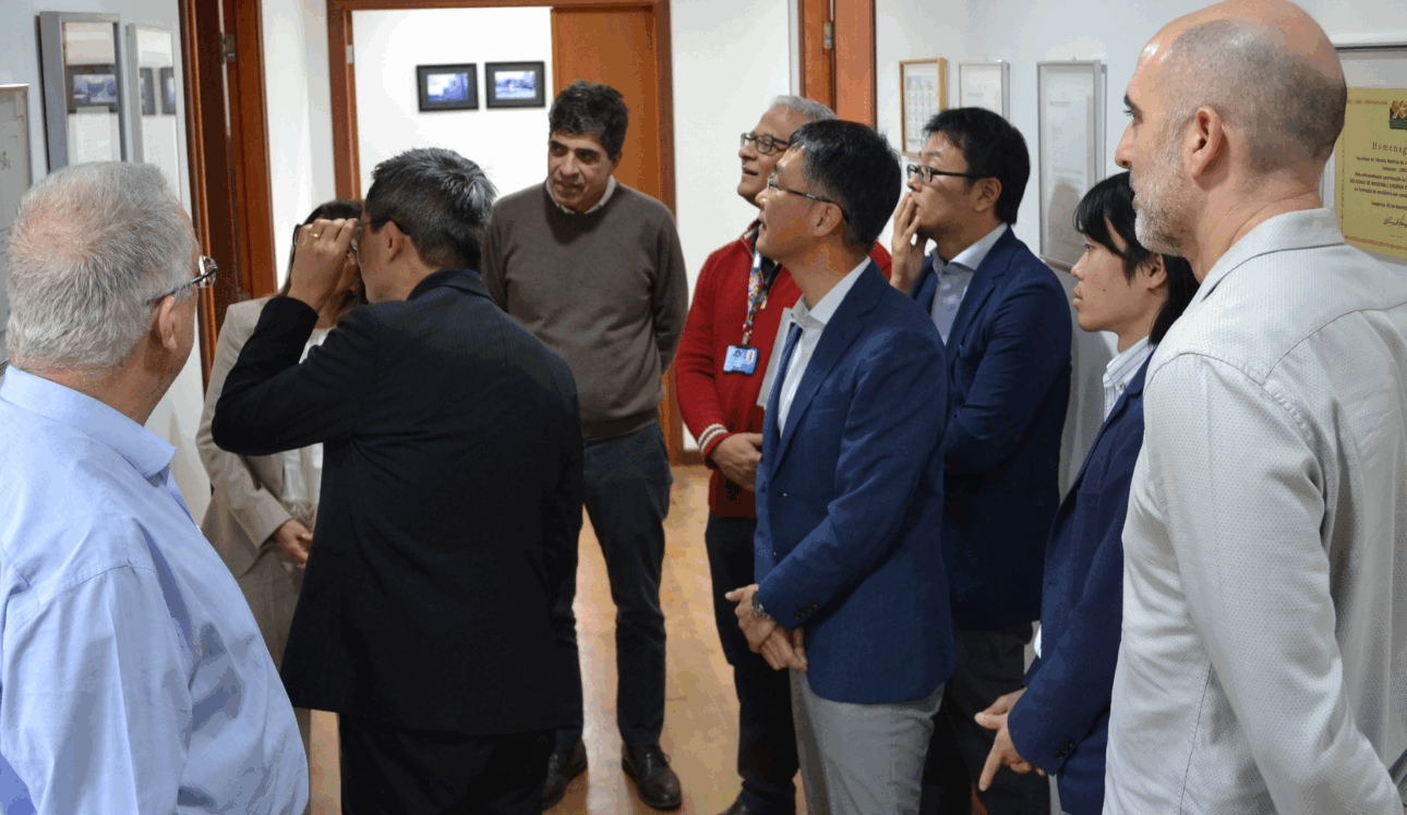 Grupo de oito pessoas em um corredor, observando uma parede com quadros e documentos emoldurados. Algumas pessoas estão olhando atentamente para um dos quadros, enquanto outras estão em diferentes posições, conversando ou observando os documentos. O ambiente é bem iluminado e os participantes estão vestidos de forma formal. O corredor tem portas de madeira e o piso é de madeira também. A cena parece ocorrer em um contexto de visita ou apresentação profissional.
