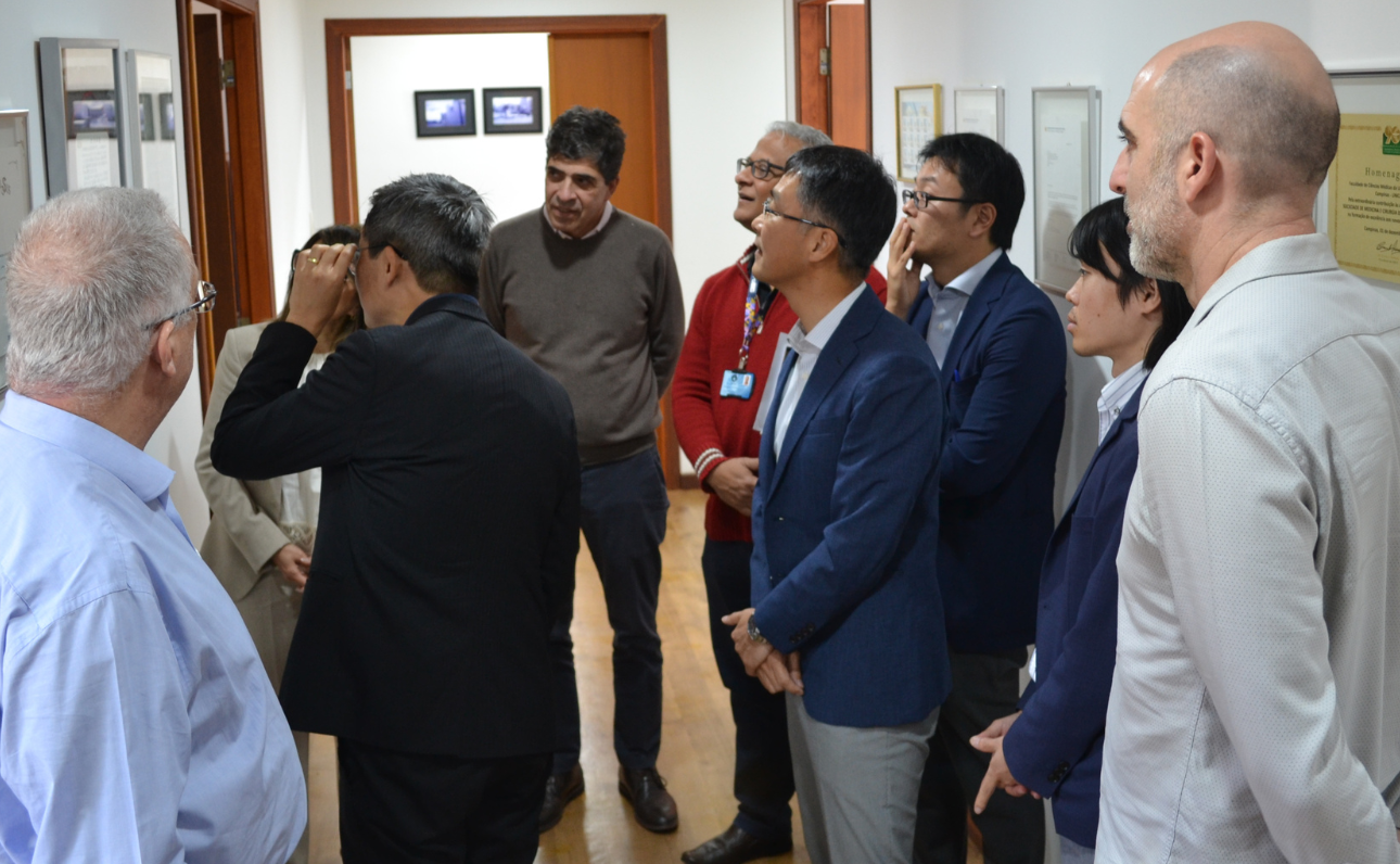 Grupo de oito pessoas em um corredor, observando uma parede com quadros e documentos emoldurados. Algumas pessoas estão olhando atentamente para um dos quadros, enquanto outras estão em diferentes posições, conversando ou observando os documentos. O ambiente é bem iluminado e os participantes estão vestidos de forma formal. O corredor tem portas de madeira e o piso é de madeira também. A cena parece ocorrer em um contexto de visita ou apresentação profissional.