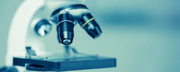 Imagem em tons azulados mostra um microscópio óptico com foco na lente objetiva e na platina, utilizada para posicionar lâminas de amostras a serem observadas. O fundo está desfocado, destacando o equipamento de laboratório.