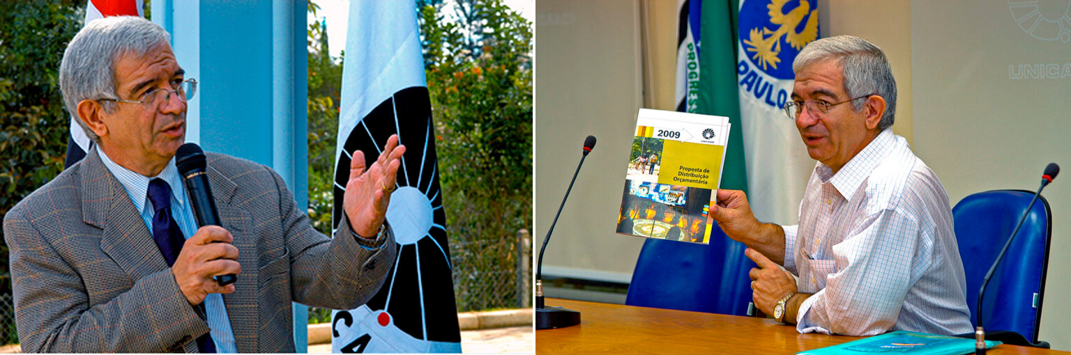 Montagem com duas fotos lado a lado. À esquerda, um homem idoso de cabelos grisalhos, usando óculos, terno xadrez e gravata azul segura um microfone enquanto fala, gesticulando com a mão esquerda. Ao fundo, há uma bandeira com símbolo circular em preto e branco e árvores. À direita, o mesmo homem, agora usando camisa social branca com listras, está sentado em uma mesa de madeira, segurando e mostrando um documento com o título “Proposta de Distribuição Orçamentária 2009”. Atrás dele, há bandeiras e parte do logotipo da Unicamp projetado na parede.