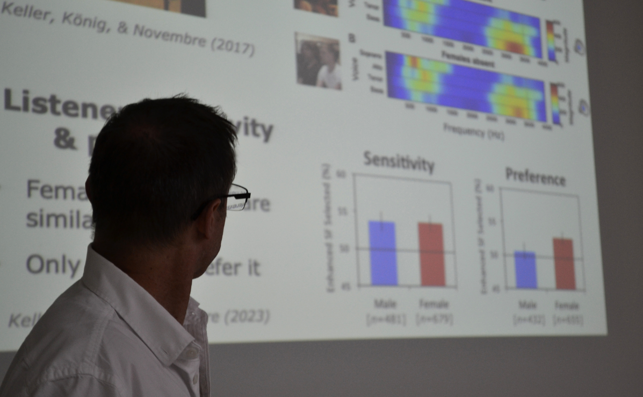 O neurocientista Peter Keller, de perfil, observa atentamente um slide projetado durante sua palestra na Unicamp. Ele veste camisa branca e segura seus óculos parcialmente, com o rosto voltado para a tela. A projeção exibe gráficos coloridos com dados de frequência sonora, além de dois gráficos de barras comparando “Sensibilidade” e “Preferência” entre homens (em azul) e mulheres (em vermelho). Parte do texto visível inclui “Listener Sensitivity & Preference” e a citação “Keller et al., 2023”. A imagem transmite um momento de concentração e análise científica.