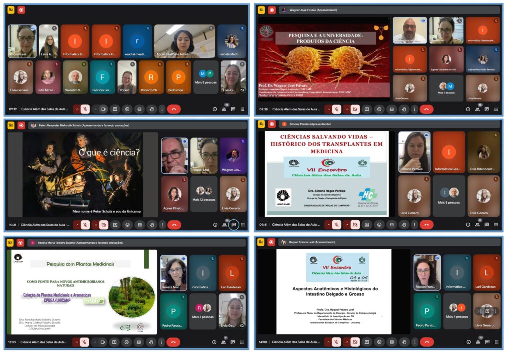 Mosaico com seis capturas de tela de palestras virtuais do “VII Encontro Ciência Além das Salas de Aula” no Google Meet. As imagens mostram diferentes palestrantes e slides:

Participantes reunidos em vídeo chamada.

Slide “Pesquisa e a Universidade: Produtos da Ciência”, com imagem de células.

Slide “O que é ciência?” ilustrado por pintura clássica.

Slide “Ciências Salvando Vidas – Histórico dos Transplantes em Medicina”.

Slide “Pesquisa com Plantas Medicinais – Como Fonte para Novos Antimicrobianos Naturais”.

Slide “Aspectos Anatômicos e Histológicos do Intestino Delgado e Grosso”.