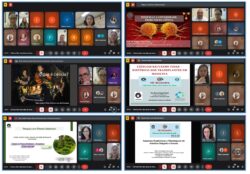 Mosaico com seis capturas de tela de palestras virtuais do “VII Encontro Ciência Além das Salas de Aula” no Google Meet. As imagens mostram diferentes palestrantes e slides: Participantes reunidos em vídeo chamada. Slide “Pesquisa e a Universidade: Produtos da Ciência”, com imagem de células. Slide “O que é ciência?” ilustrado por pintura clássica. Slide “Ciências Salvando Vidas – Histórico dos Transplantes em Medicina”. Slide “Pesquisa com Plantas Medicinais – Como Fonte para Novos Antimicrobianos Naturais”. Slide “Aspectos Anatômicos e Histológicos do Intestino Delgado e Grosso”.