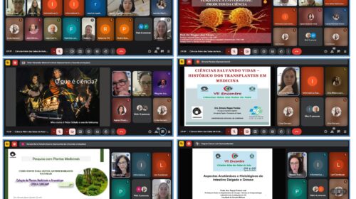 Mosaico com seis capturas de tela de palestras virtuais do “VII Encontro Ciência Além das Salas de Aula” no Google Meet. As imagens mostram diferentes palestrantes e slides: Participantes reunidos em vídeo chamada. Slide “Pesquisa e a Universidade: Produtos da Ciência”, com imagem de células. Slide “O que é ciência?” ilustrado por pintura clássica. Slide “Ciências Salvando Vidas – Histórico dos Transplantes em Medicina”. Slide “Pesquisa com Plantas Medicinais – Como Fonte para Novos Antimicrobianos Naturais”. Slide “Aspectos Anatômicos e Histológicos do Intestino Delgado e Grosso”.