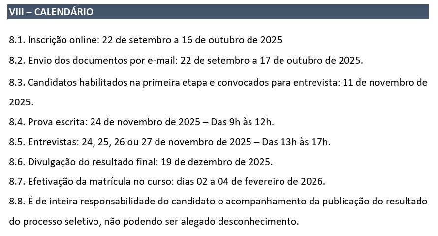 Calendario do Processo Seletivo 2026