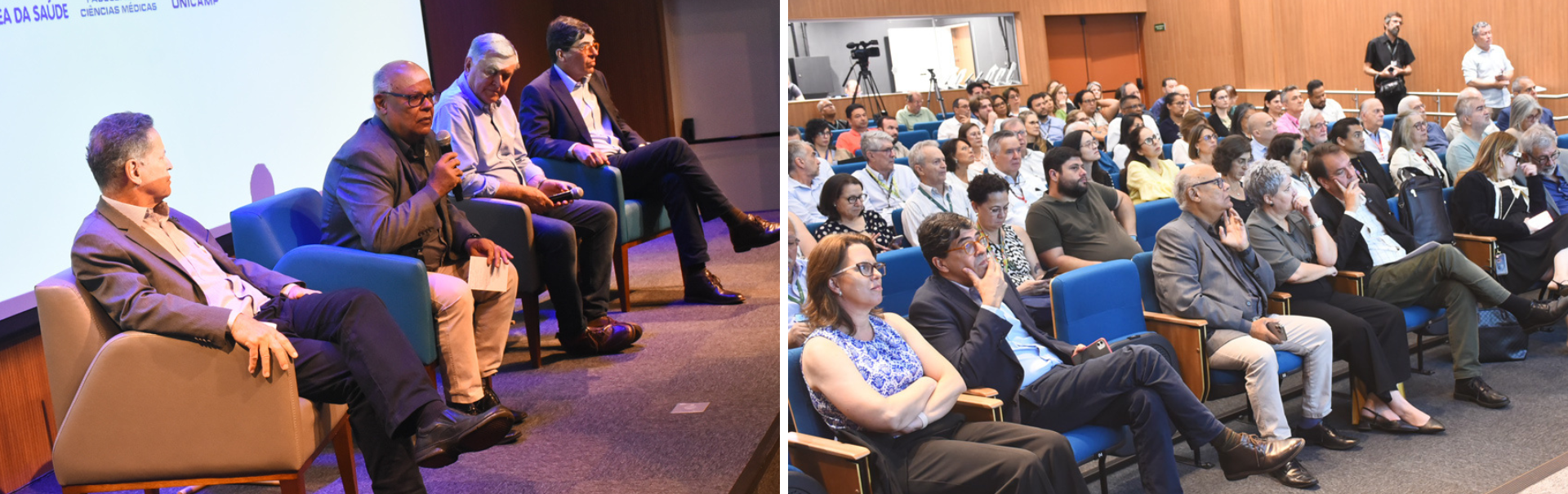Montagem com duas fotos de um evento sobre autarquia na área da saúde. À esquerda, quatro palestrantes estão sentados no palco, um deles fala ao microfone. À direita, o público do auditório acompanha atentamente a discussão