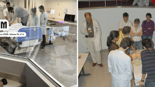 Montagem com duas fotografias comparativas de práticas médicas em ambientes de ensino. À esquerda, imagem atual de 2025 mostra estudantes de medicina em um centro de simulação realística, utilizando manequim hospitalar em uma sala equipada com cama, monitores e vidraça de observação. À direita, fotografia mais antiga registra um grupo de estudantes e um professor reunidos em torno de um manequim em um espaço de ensino tradicional, com pessoas observando ao redor.