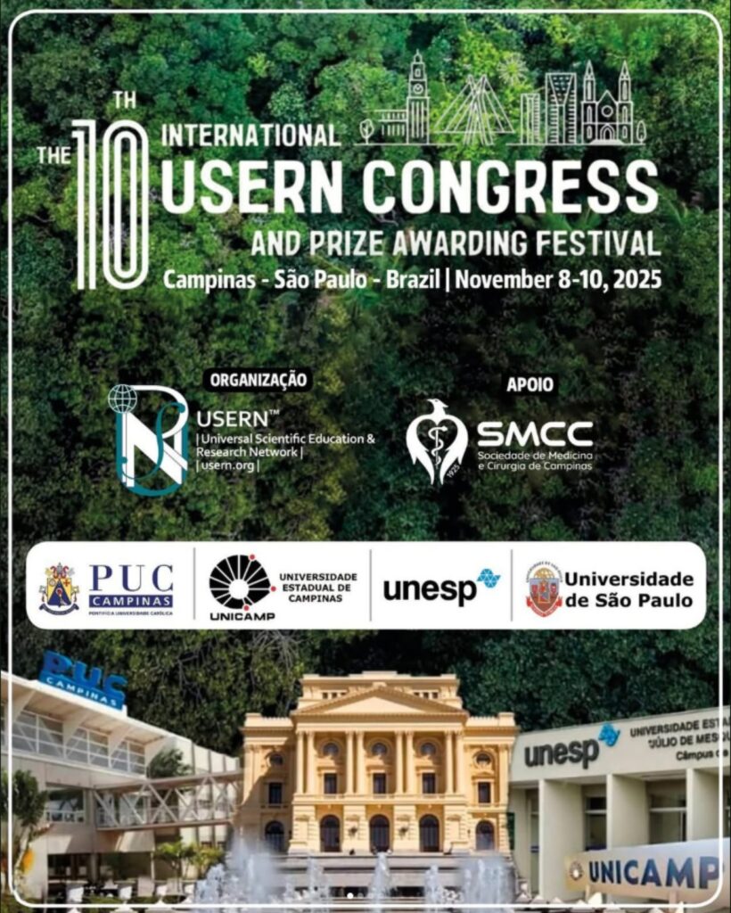 Cartaz do "10th International USERN Congress and Prize Awarding Festival", que será realizado de 8 a 10 de novembro de 2025, em Campinas, São Paulo, Brasil. O cartaz mostra o nome do evento sobre um fundo de floresta, com ilustrações de pontos turísticos e ícones de cidades. Na parte inferior, aparecem os logotipos das instituições parceiras — PUC-Campinas, Unicamp, Unesp e USP — e da Sociedade de Medicina e Cirurgia de Campinas (SMCC), além de uma composição com fotos de prédios dessas universidades.
