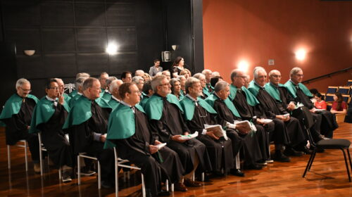 Formandos da 8ª Turma de Medicina da Unicamp, já seniores, estão sentados em um auditório, vestidos com beca preta e capelo verde, assistindo à cerimônia de comemoração dos 50 anos de formatura.