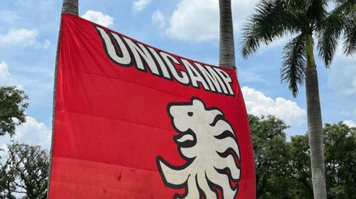 Faixa vermelha com o logotipo da Atlética de Medicina da Unicamp, estendida em área gramada com palmeiras ao fundo. Na imagem, aparece a frase “Dia do Médico – 18 de outubro. A medicina é a mais humana das ciências, a mais empírica das artes e a mais científica das humanidades — Edmund D. Pellegrino”. Na parte inferior estão os logotipos da Faculdade de Ciências Médicas e da Unicamp.