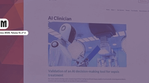 Slide projetado em tela durante uma conferência. No topo, lê-se o título: “What we mean by ethical, moral or legal issues against this backdrop in an era of AI” (O que entendemos por questões éticas, morais ou legais nesse contexto em uma era de IA). No centro do slide aparece uma página do site NIHR – HealthTech Research Centre In vitro diagnostics, com o título: “AI Clinician”. Abaixo, há uma imagem de um robô em uma sala cirúrgica, com o subtítulo em verde: “Validation of an AI decision-making tool for sepsis treatment” (Validação de uma ferramenta de tomada de decisão por IA para tratamento da sepse). No canto superior direito do slide, está o logotipo do congresso AMEE 2025 Barcelona, com o globo estilizado.