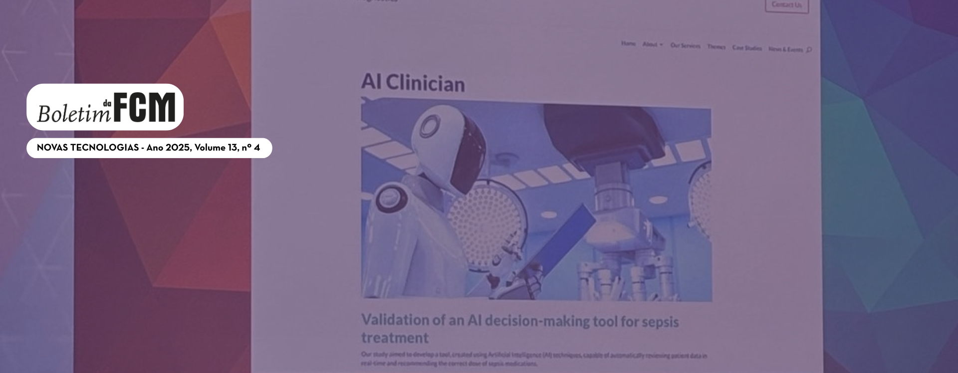 Slide projetado em tela durante uma conferência. No topo, lê-se o título: “What we mean by ethical, moral or legal issues against this backdrop in an era of AI” (O que entendemos por questões éticas, morais ou legais nesse contexto em uma era de IA). No centro do slide aparece uma página do site NIHR – HealthTech Research Centre In vitro diagnostics, com o título: “AI Clinician”. Abaixo, há uma imagem de um robô em uma sala cirúrgica, com o subtítulo em verde: “Validation of an AI decision-making tool for sepsis treatment” (Validação de uma ferramenta de tomada de decisão por IA para tratamento da sepse). No canto superior direito do slide, está o logotipo do congresso AMEE 2025 Barcelona, com o globo estilizado.