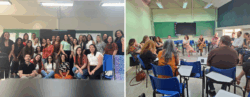 A imagem em formato de montagem apresenta, à esquerda, um grupo de aproximadamente 28 pessoas, em sua maioria mulheres, posando sorridentes para uma foto coletiva em sala de aula, diante de um quadro verde com cartazes colados e uma tela preta ao centro; à direita, cerca de 15 pessoas participam de uma roda de conversa, sentadas em cadeiras azuis dispostas em círculo, em outra sala de aula com paredes verdes, quadro negro e tela ao fundo.
