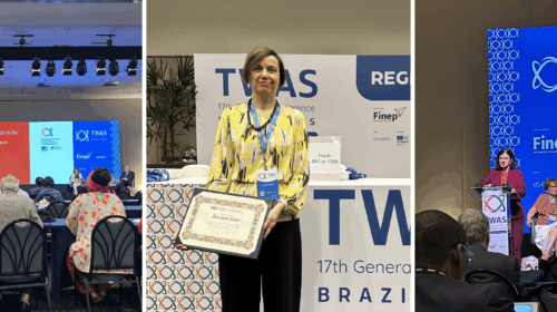Esta é uma montagem de três fotografias da 17ª Conferência Geral da TWAS, Brasil 2025, ilustrando diferentes momentos do evento em um único parágrafo. A imagem mais à esquerda mostra um painel de discussão sobre "Desafios de Saúde no Sul Global" ("Health Challenges in the Global South"), com os participantes da plateia assistindo aos palestrantes no palco. Na foto central, a Professora Iscia Lopes Cendes, eleita e empossada no congresso, está em destaque, segurando um certificado em frente à área de registro. Por fim, a imagem da direita captura a Professora Helena Nader, presidente da Academia Brasileira de Ciências (ABC), discursando no púlpito em frente à grande tela de LED da conferência.