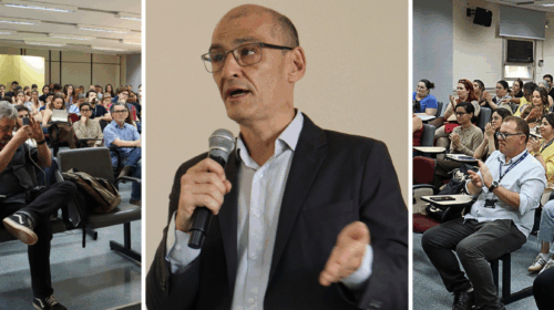 A imagem é um painel triplo que retrata uma palestra institucional: à esquerda, vê-se uma plateia cheia sentada em um auditório, atenta à apresentação; no centro, há um close-up do palestrante, Marcelo Kimati, um homem calvo de óculos, vestindo terno escuro e camisa clara, falando energicamente ao microfone; e à direita, um segmento da plateia é visto aplaudindo, demonstrando reconhecimento e o sucesso do evento.
