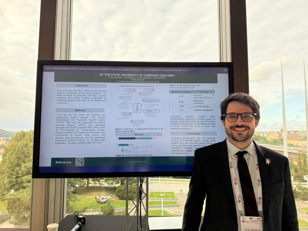 Um homem de terno e crachá identificado como Felipe Santaella sorri ao lado de um pôster científico exibido em tela digital durante o 25th World Congress of Psychiatry, em Praga. O pôster apresenta dados sobre apoio psicológico e inclusão estudantil na Unicamp.