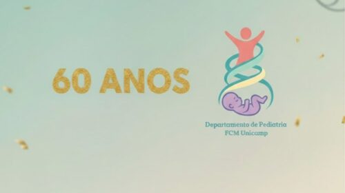 Cartaz comemorativo dos 60 anos do Departamento de Pediatria, com ilustração infantil e cores suaves.