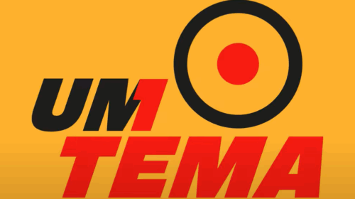 Imagem com fundo amarelo exibindo a expressão “UM TEMA” em letras grandes, parte em preto e parte em vermelho. À direita do texto há um alvo estilizado composto por um círculo preto com um ponto vermelho no centro.