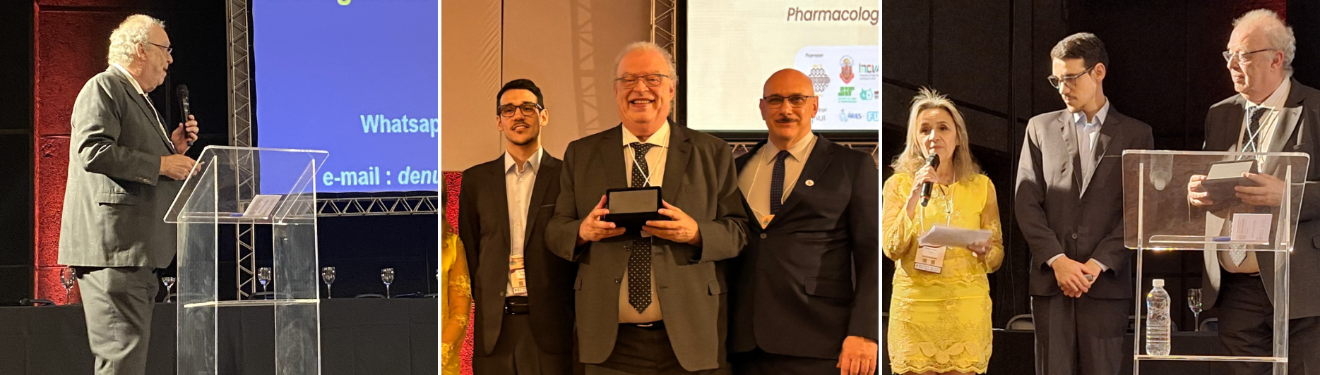 Três momentos da cerimônia de premiação durante congresso da Sociedade Brasileira de Farmacologia e Terapêutica Experimental (SBFTE): à esquerda, o professor fala ao público no palco; ao centro, ele posa sorridente segurando o prêmio ao lado de colegas; à direita, participa da entrega da láurea, acompanhado de outros participantes do evento.