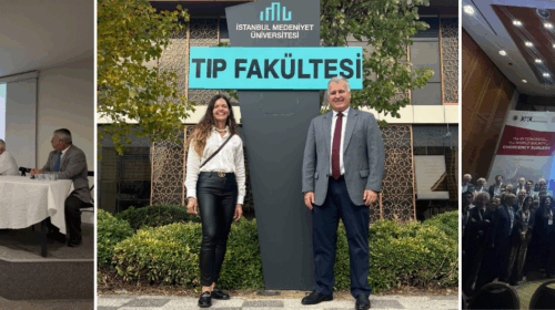 Montagem com três fotos: à esquerda, professores da Unicamp participam de apresentação na Universidade Medeniyet de Istambul, com projeção sobre o Qatar Health Congress 2026; ao centro, os professores Andréa Alexandre Fraga e Gustavo Fraga posam em frente ao prédio da Faculdade de Medicina da Universidade Medeniyet, na Turquia; e à direita, grande grupo de participantes posa para foto oficial no palco do 12º World Congress of Emergency Surgery, realizado em Antalya.