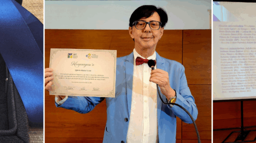 Montagem com três imagens da homenagem da Associação Brasileira de Psiquiatria. À esquerda, medalha dourada com fita azul em estojo, com os dizeres “Titular Jubilado – ABP Associação Brasileira de Psiquiatria”. Ao centro, homem de paletó azul e gravata borboleta vermelha segura certificado de homenagem. À direita, ele aparece em frente a um telão com a lista de associados homenageados, usando a medalha recebida.