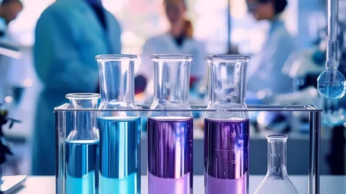 Conjunto de frascos de vidro contendo líquidos em tons de azul e roxo alinhados sobre uma bancada de laboratório, com cientistas ao fundo, desfocados, usando jalecos e equipamentos de pesquisa.