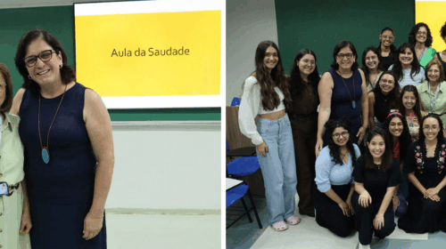 Montagem com duas fotos em sala de aula. À esquerda, quatro mulheres posam sorrindo em frente a um telão com o slide amarelo “Aula da Saudade”. À direita, grupo grande de estudantes e professoras reunidos para foto coletiva na mesma sala, com o mesmo slide projetado ao fundo.