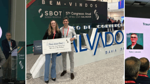 Uma montagem horizontal contendo três fotos do congresso SBOT. Da esquerda para a direita: a primeira mostra o Prof. Maurício recebendo um prêmio no palco; a segunda mostra a Dra. Érica e o Prof. Mouraria segurando um cheque simbólico; a terceira mostra um telão de auditório exibindo a foto do Prof. William Belangero.