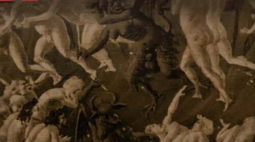 Imagem de capa com o nome “HEITOR MORENO” em letras grandes e vermelhas na parte superior. Ao fundo, há uma ilustração em tons escuros que retrata figuras humanas nuas em movimento, junto a criaturas fantásticas ou demoníacas, compondo uma cena artística de caráter dramático.