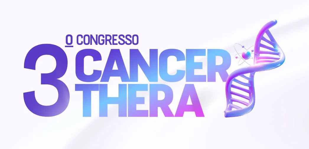 A imagem apresenta o logotipo do 3º Congresso Cancer Thera, composto por elementos textuais e gráficos em uma paleta de cores degradê que transita entre o roxo, azul e rosa. À esquerda, destaca-se o numeral "3" em tamanho grande, encimado pela expressão "O CONGRESSO" sublinhada. Ao centro, as palavras "CANCER" e "THERA" estão empilhadas em letras maiúsculas com uma fonte moderna e robusta. À direita, o design é complementado pela ilustração de uma dupla hélice de DNA estilizada e a representação de um átomo, reforçando a temática científica e médica do evento, tudo sobre um fundo branco limpo com sombras suaves.