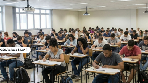 Sala de aula ampla e iluminada, com dezenas de estudantes sentados em carteiras individuais, concentrados na realização de uma prova escrita. À esquerda, sobreposição gráfica do Boletim da FCM com o título “Reforma Curricular de Medicina – Ano 2026, Volume 14, nº 1”.