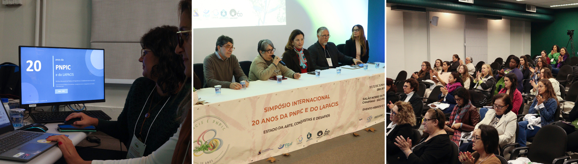 Painel de três fotos de um evento acadêmico: à esquerda, uma pessoa opera um computador exibindo o slide "20 anos da PNPIC e do LAPACIS"; ao centro, cinco palestrantes sentados à mesa de honra do "Simpósio Internacional 20 anos da PNPIC e do LAPACIS – Estado da Arte, Conquistas e Desafios", com uma mulher falando ao microfone; à direita, plateia numerosa aplaudindo em um auditório.